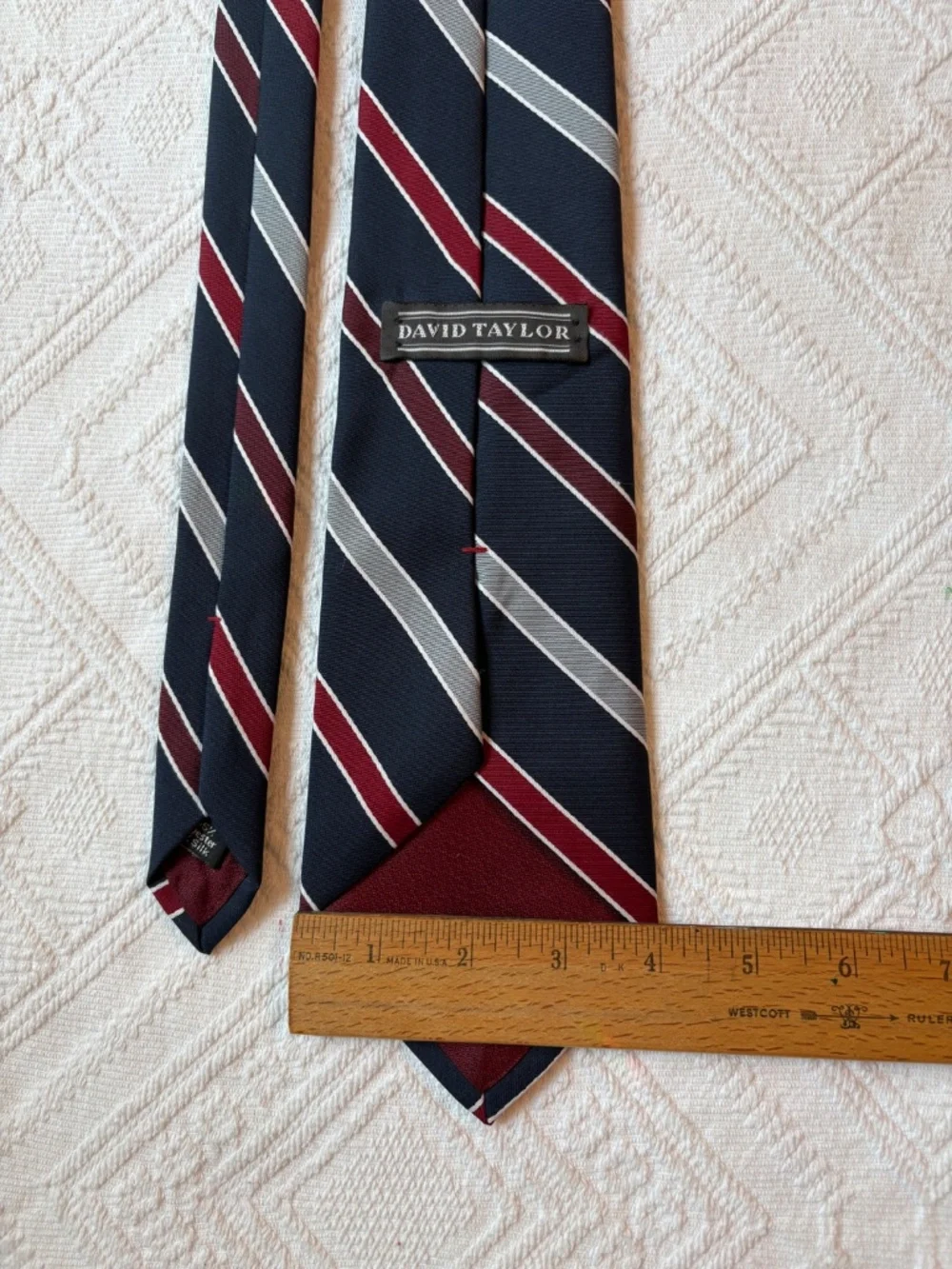 Vintage David Taylor Repp Stripe Necktie Navy Red Silver Wide Blade